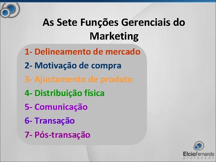 As Sete Funções Gerenciais do Marketing 1 - Delineamento de mercado 2 - Motivação