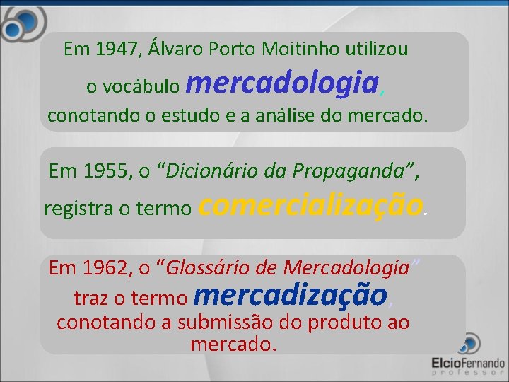 Em 1947, Álvaro Porto Moitinho utilizou mercadologia o vocábulo , conotando o estudo e