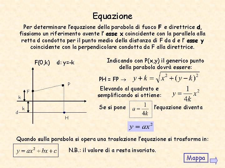 Equazione Per determinare l’equazione della parabola di fuoco F e direttrice d, fissiamo un Equazione Per determinare l’equazione della parabola di fuoco F e direttrice d, fissiamo un