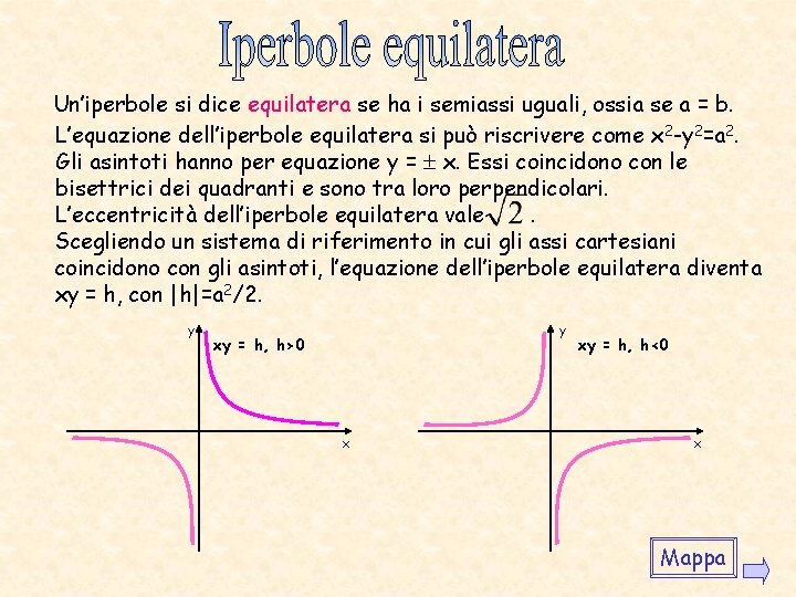 Un’iperbole si dice equilatera se ha i semiassi uguali, ossia se a = b. Un’iperbole si dice equilatera se ha i semiassi uguali, ossia se a = b.