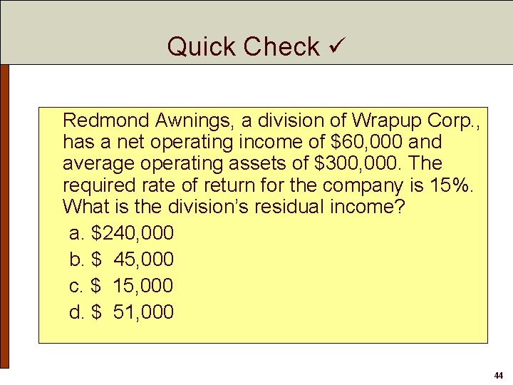 Quick Check Redmond Awnings, a division of Wrapup Corp. , has a net operating Quick Check Redmond Awnings, a division of Wrapup Corp. , has a net operating