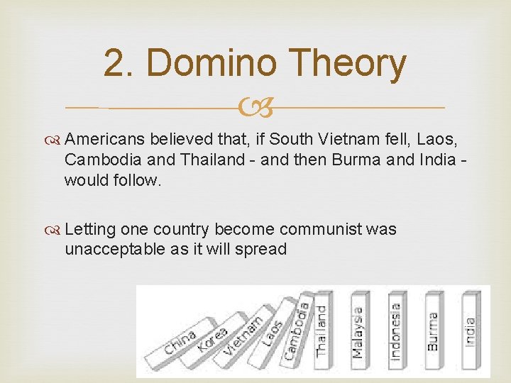 2. Domino Theory Americans believed that, if South Vietnam fell, Laos, Cambodia and Thailand