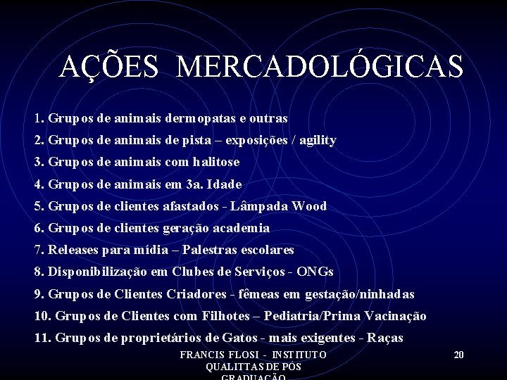 AÇÕES MERCADOLÓGICAS 1. Grupos de animais dermopatas e outras 2. Grupos de animais de