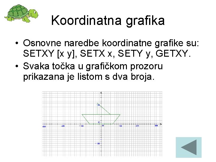 Koordinatna grafika • Osnovne naredbe koordinatne grafike su: SETXY [x y], SETX x, SETY