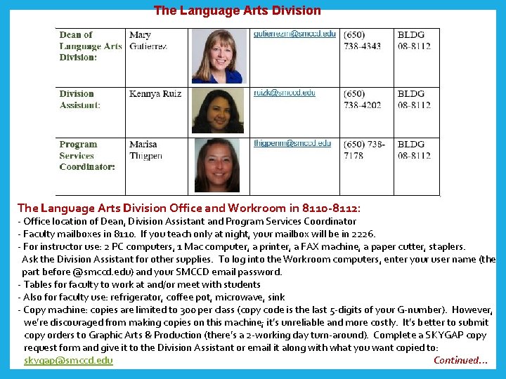  The Language Arts Division Office and Workroom in 8110 -8112: - Office location