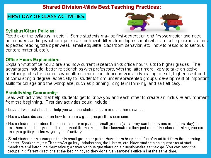 Shared Division-Wide Best Teaching Practices: FIRST DAY OF CLASS ACTIVITIES: Syllabus/Class Policies: Read over