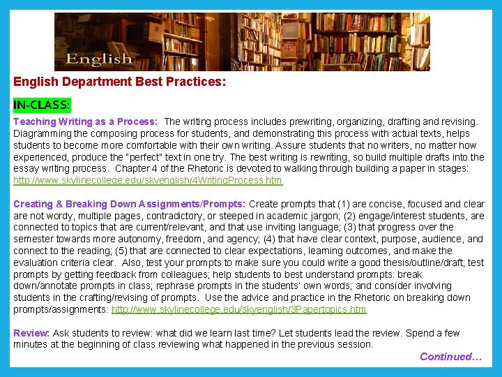 English Department Best Practices: . IN-CLASS: Teaching Writing as a Process: The writing process