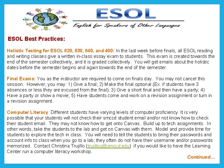 ESOL Best Practices: Holistic Testing for ESOL 820, 830, 840, and 400: In the ESOL Best Practices: Holistic Testing for ESOL 820, 830, 840, and 400: In the