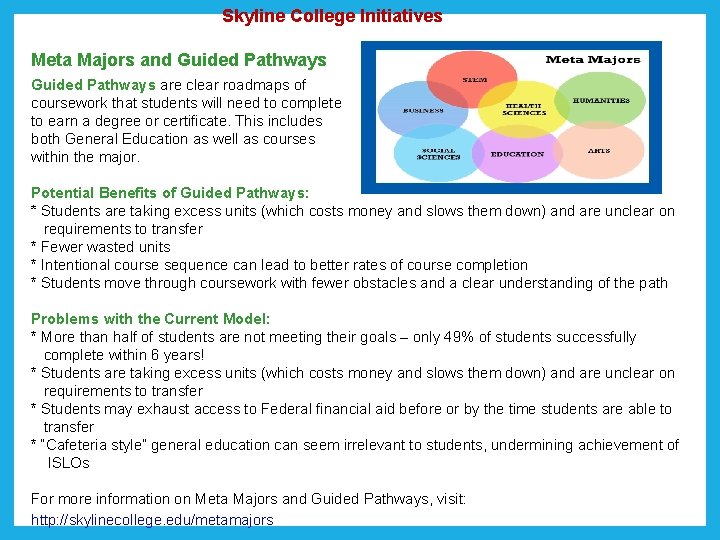 Skyline College Initiatives Meta Majors and Guided Pathways are clear roadmaps of coursework Skyline College Initiatives Meta Majors and Guided Pathways are clear roadmaps of coursework