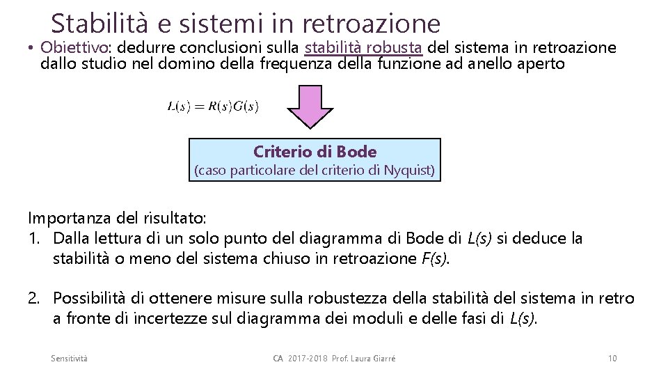 Stabilità e sistemi in retroazione • Obiettivo: dedurre conclusioni sulla stabilità robusta del sistema