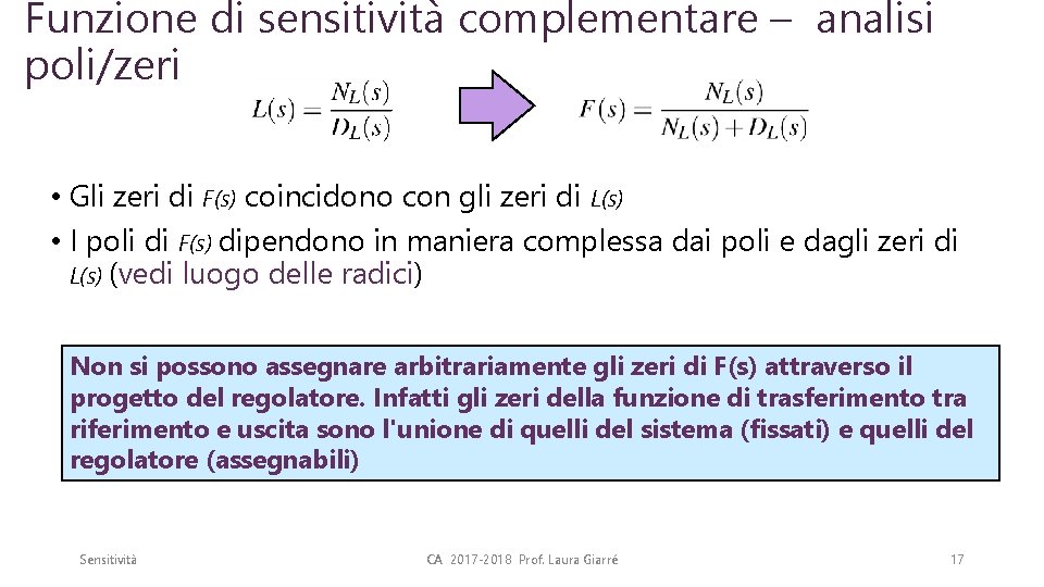 Funzione di sensitività complementare – analisi poli/zeri • Gli zeri di F(s) coincidono con