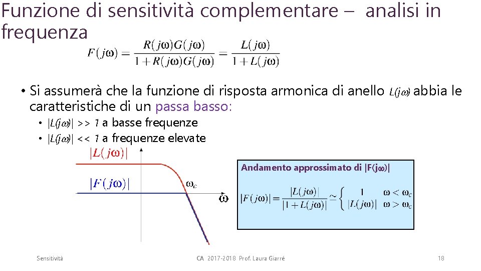 Funzione di sensitività complementare – analisi in frequenza • Si assumerà che la funzione