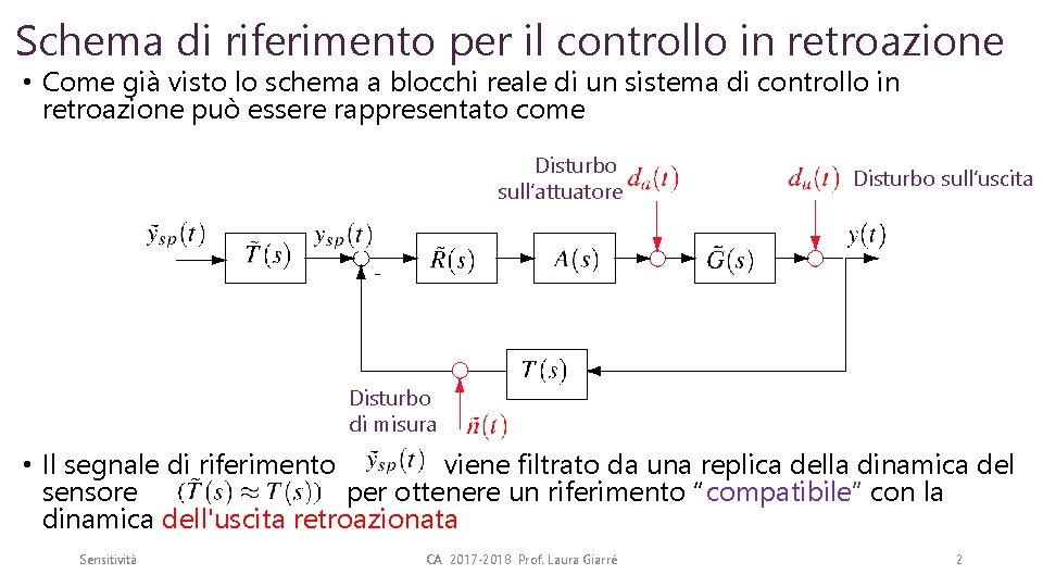 Schema di riferimento per il controllo in retroazione • Come già visto lo schema