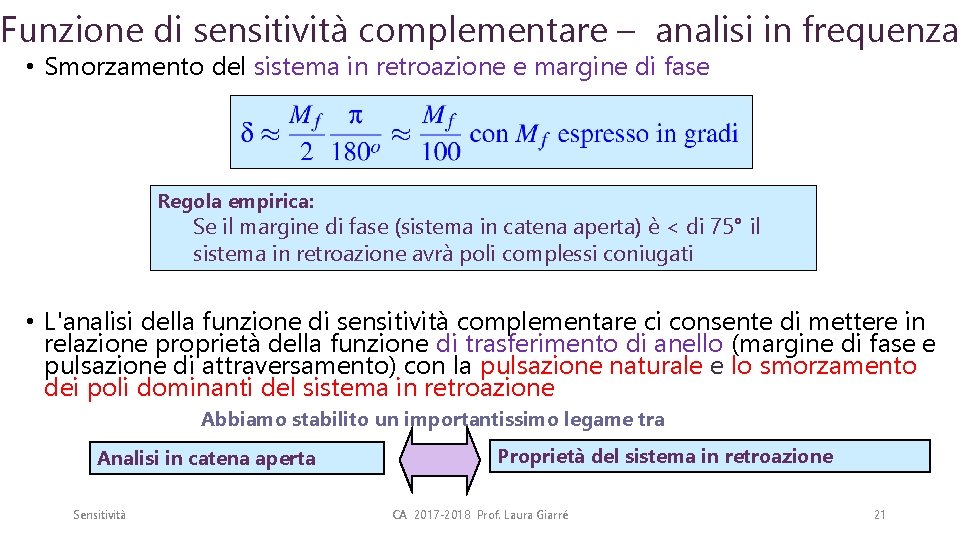 Funzione di sensitività complementare – analisi in frequenza • Smorzamento del sistema in retroazione