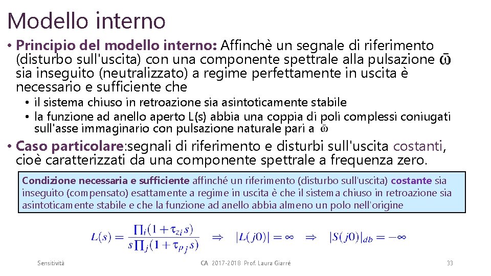 Modello interno • Principio del modello interno: Affinchè un segnale di riferimento (disturbo sull'uscita)