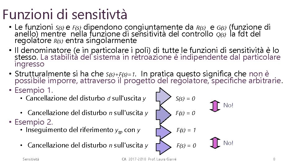 Funzioni di sensitivtà • Le funzioni S(s) e F(s) dipendono congiuntamente da R(s) e