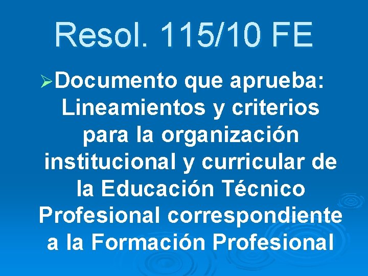 Resol. 115/10 FE ØDocumento que aprueba: Lineamientos y criterios para la organización institucional y