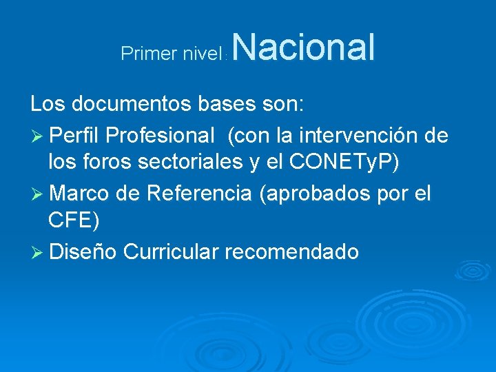 Primer nivel : Nacional Los documentos bases son: Ø Perfil Profesional (con la intervención