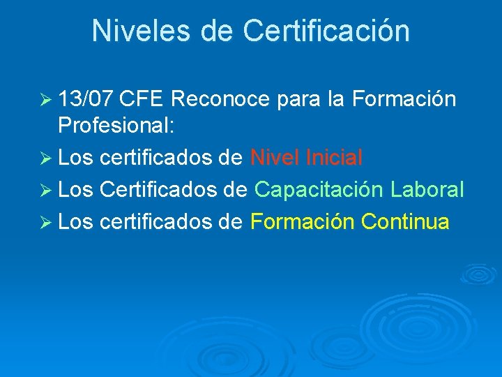 Niveles de Certificación Ø 13/07 CFE Reconoce para la Formación Profesional: Ø Los certificados