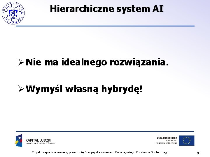 Hierarchiczne system AI Ø Nie ma idealnego rozwiązania. Ø Wymyśl własną hybrydę! Projekt współfinansowany