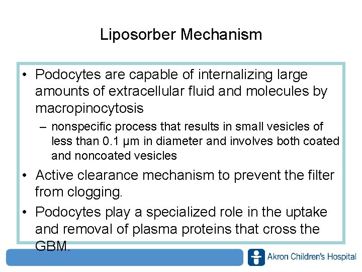 Liposorber Mechanism • Podocytes are capable of internalizing large amounts of extracellular fluid and