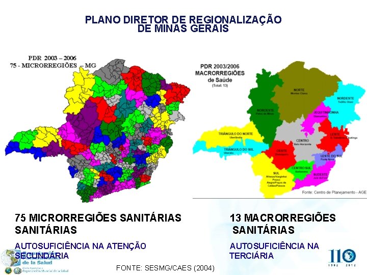 PLANO DIRETOR DE REGIONALIZAÇÃO DE MINAS GERAIS 75 MICRORREGIÕES SANITÁRIAS 13 MACRORREGIÕES SANITÁRIAS AUTOSUFICIÊNCIA