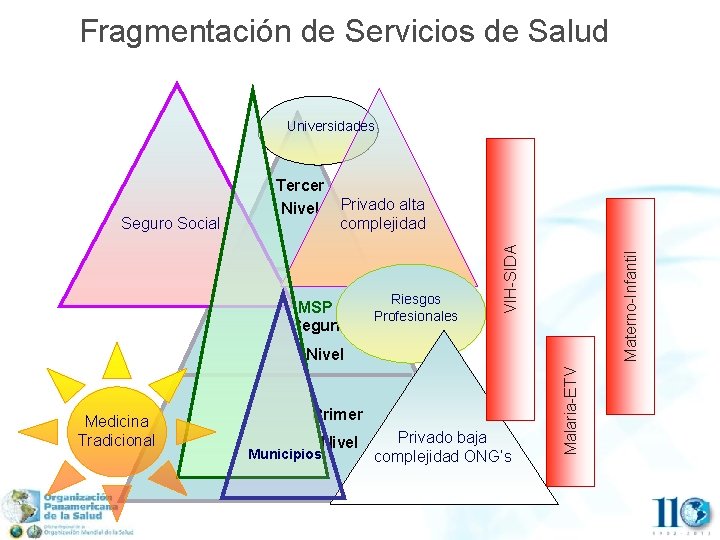 Fragmentación de Servicios de Salud Universidades Materno-Infantil Riesgos MSP Profesionales Segundo VIH-SIDA Seguro Social