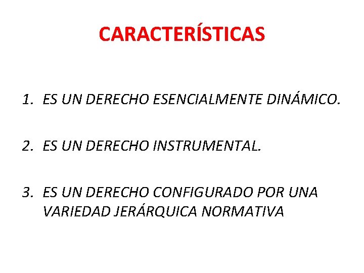 CARACTERÍSTICAS 1. ES UN DERECHO ESENCIALMENTE DINÁMICO. 2. ES UN DERECHO INSTRUMENTAL. 3. ES