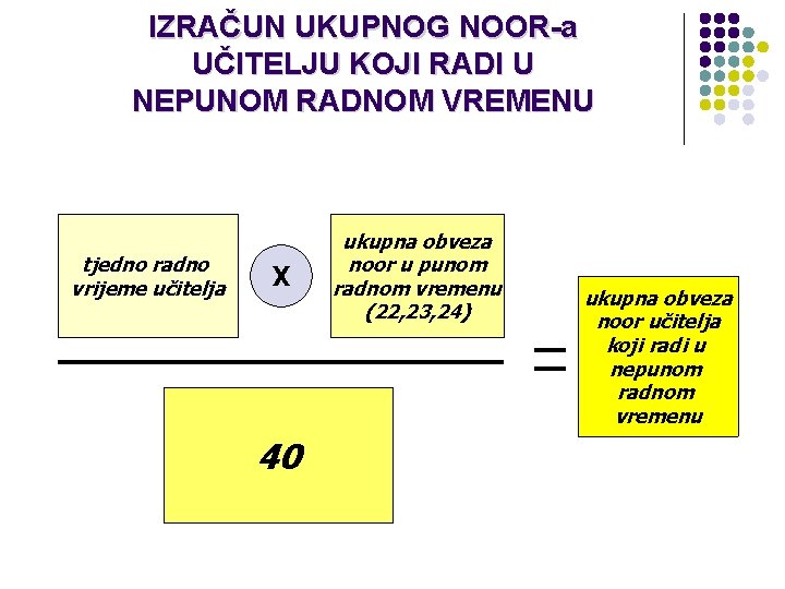 IZRAČUN UKUPNOG NOOR-a UČITELJU KOJI RADI U NEPUNOM RADNOM VREMENU tjedno radno vrijeme učitelja