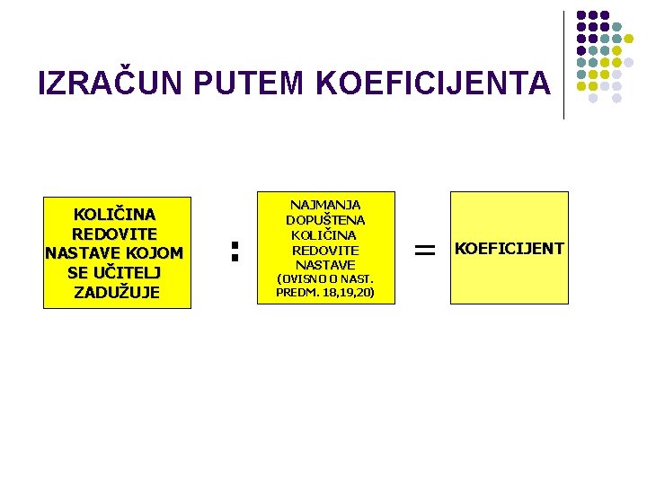 IZRAČUN PUTEM KOEFICIJENTA KOLIČINA REDOVITE NASTAVE KOJOM SE UČITELJ ZADUŽUJE : NAJMANJA DOPUŠTENA KOLIČINA