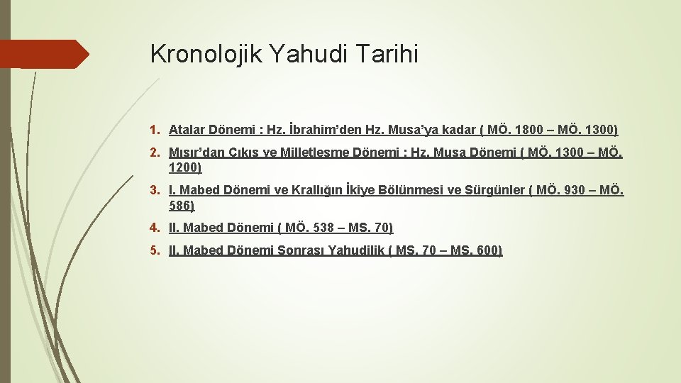 Kronolojik Yahudi Tarihi 1. Atalar Dönemi : Hz. İbrahim’den Hz. Musa’ya kadar ( MÖ.