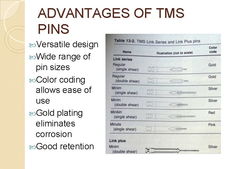 ADVANTAGES OF TMS PINS Versatile design Wide range of pin sizes Color coding allows