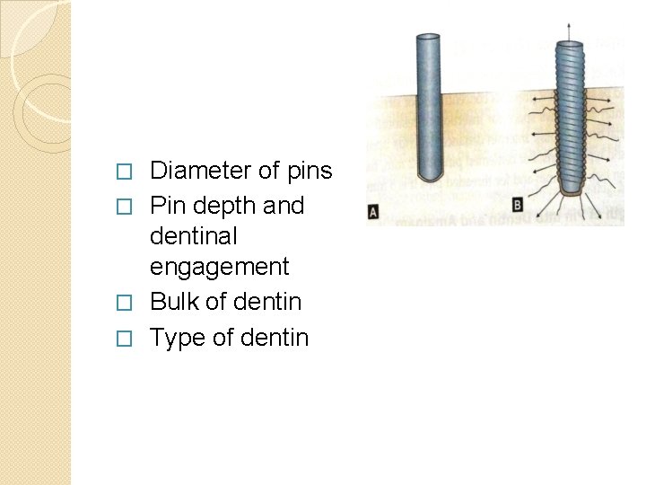 Diameter of pins � Pin depth and dentinal engagement � Bulk of dentin �