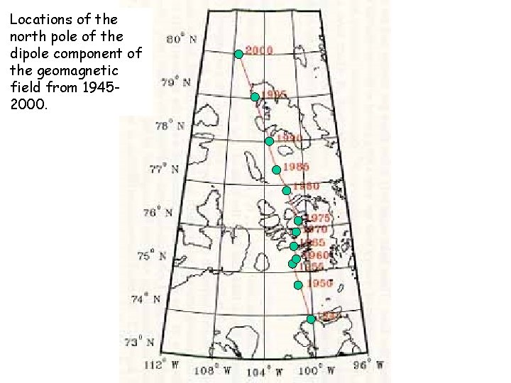 Locations of the north pole of the dipole component of the geomagnetic field from