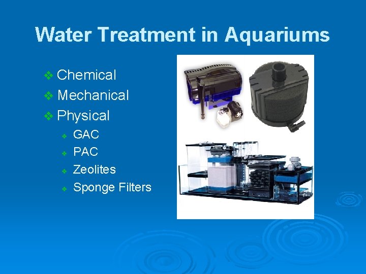 Water Treatment in Aquariums v Chemical v Mechanical v Physical v v GAC PAC