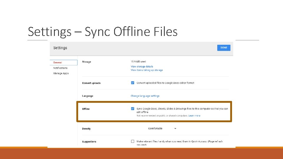 Settings – Sync Offline Files 