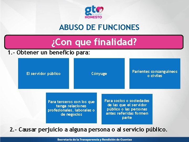 ABUSO DE FUNCIONES Abuso de funciones ¿Con que finalidad? 1. - Obtener un beneficio