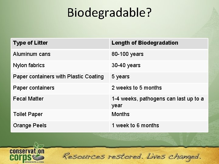 Biodegradable? Type of Litter Length of Biodegradation Aluminum cans 80 -100 years Nylon fabrics