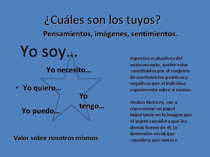 ¿Cuáles son los tuyos? Pensamientos, imágenes, sentimientos. Yo soy… Yo necesito… • Yo quiero…