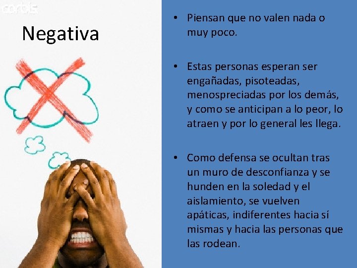 Negativa • Piensan que no valen nada o muy poco. • Estas personas esperan