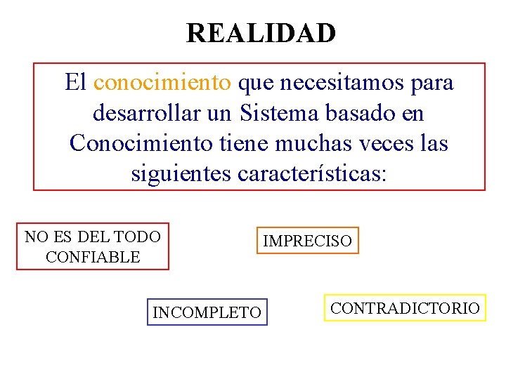 REALIDAD El conocimiento que necesitamos para desarrollar un Sistema basado en Conocimiento tiene muchas