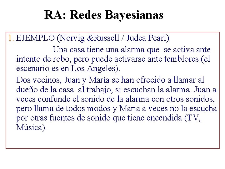 RA: Redes Bayesianas 1. EJEMPLO (Norvig &Russell / Judea Pearl) Una casa tiene una