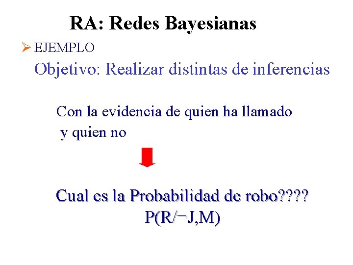 RA: Redes Bayesianas Ø EJEMPLO Objetivo: Realizar distintas de inferencias Con la evidencia de