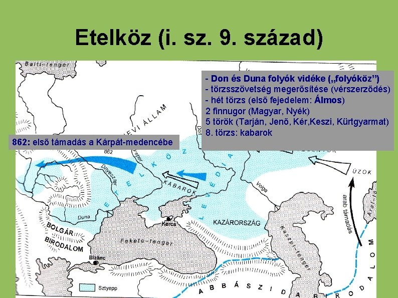 Etelköz (i. sz. 9. század) 862: első támadás a Kárpát-medencébe - Don és Duna