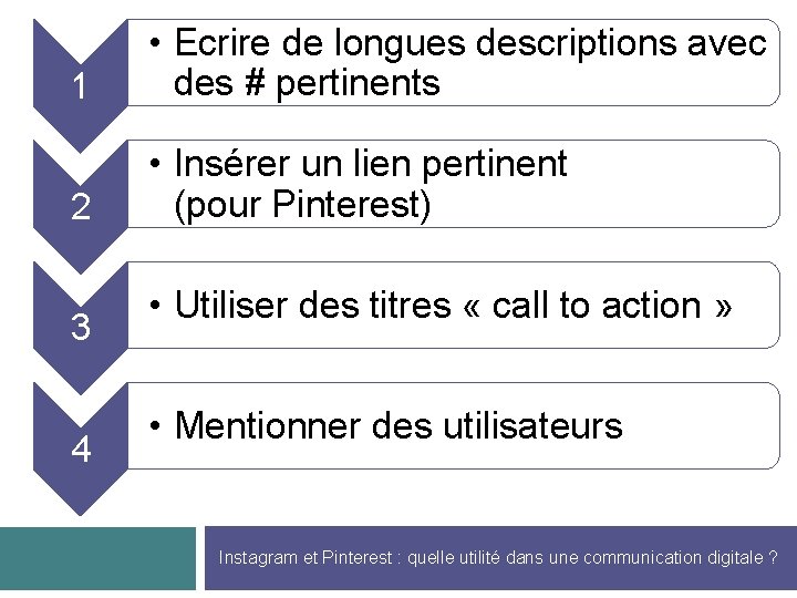 1 • Ecrire de longues descriptions avec des # pertinents 2 • Insérer un