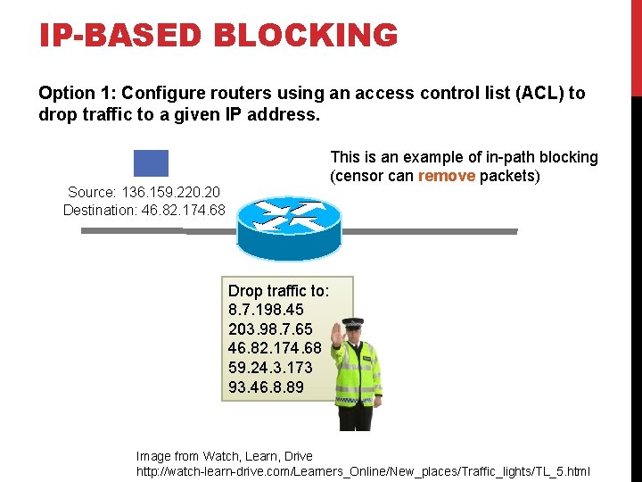 IP-BASED BLOCKING Option 1: Configure routers using an access control list (ACL) to drop