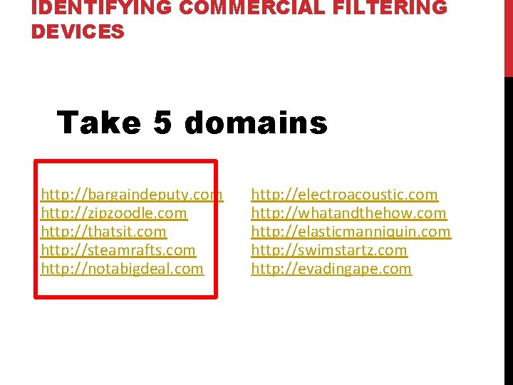IDENTIFYING COMMERCIAL FILTERING DEVICES Take 5 domains http: //bargaindeputy. com http: //zipzoodle. com http: