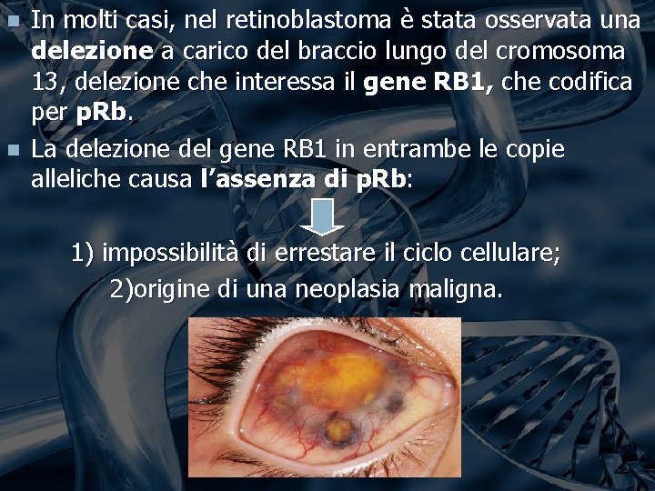 n n In molti casi, nel retinoblastoma è stata osservata una delezione a carico n n In molti casi, nel retinoblastoma è stata osservata una delezione a carico