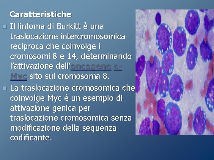 Caratteristiche n Il linfoma di Burkitt è una traslocazione intercromosomica reciproca che coinvolge i Caratteristiche n Il linfoma di Burkitt è una traslocazione intercromosomica reciproca che coinvolge i