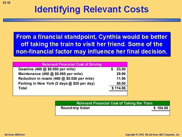 13 -13 Identifying Relevant Costs From a financial standpoint, Cynthia would be better off